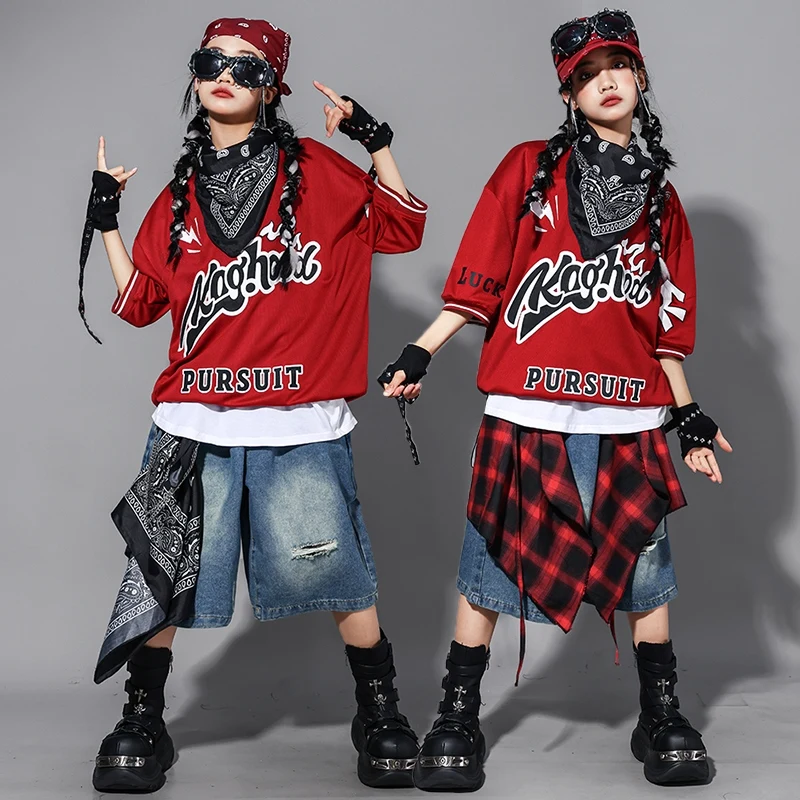 Hip Hop Kostüm Street Dance Outfit Kinder Leistung Bühnenkostüm Übergröße Rot Top Denim Shorts Mädchen Jazz Dancewear 2134