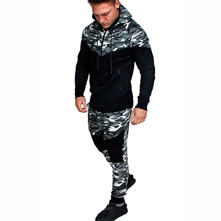 Men's Outdoor Sports Camouflage Color - Blocking Sweatshirts, American High - Street Hooded Cardigans in The Same Color Set.