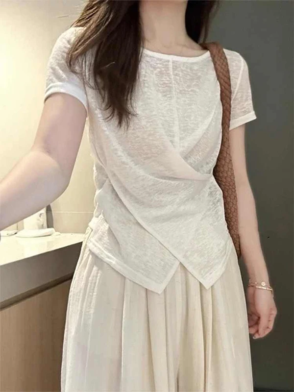 

New 2025 Summer Women's T-irt Ice Silk ort Sve Knitted Uneven Waist Design White Gentle Soft Sle Korean Version