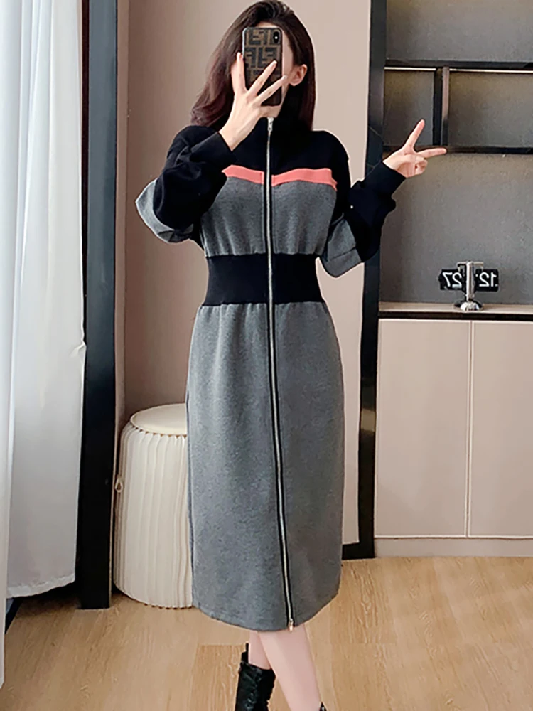 

Autumn Winter Knitted Patchwork Fake Two Piece Dress 2025 Korean Elegant Casual Home Dress Women Vintage Bodycon Festival Dress