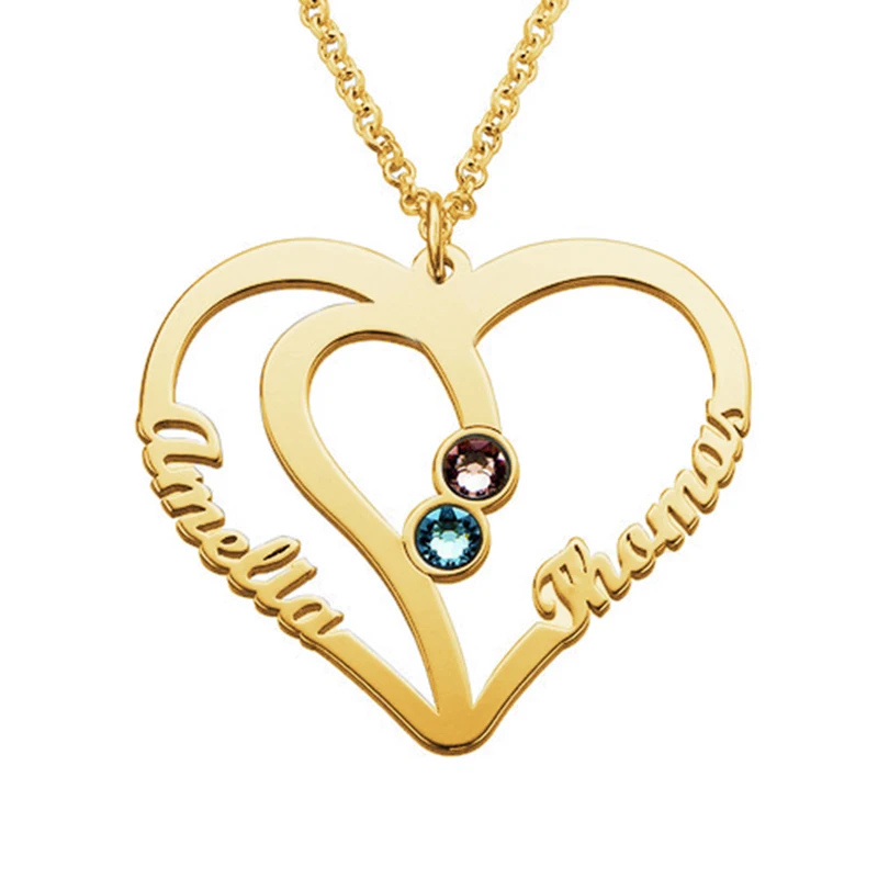 Customized Name and Birthstone Necklace for Couples Stainless Steel Jewelry Hollow heart 2 Names Necklaces Couple Sister Gift