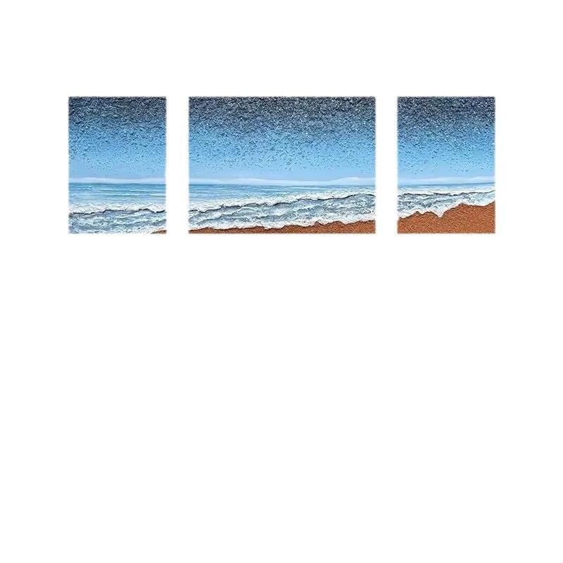 

Pure hand-painted oil painting sea view living room sofa background wall triptych decorative painting blue starry sky