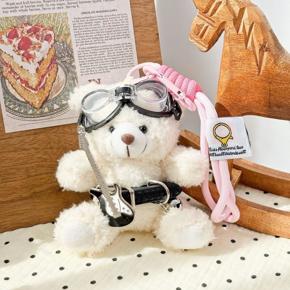

New Guitar Plush Bear Pendant Sunglasses Hanging Rope Stuffed Toys Bag Pendant Brown Pilot Bear Doll Keychain Ornament