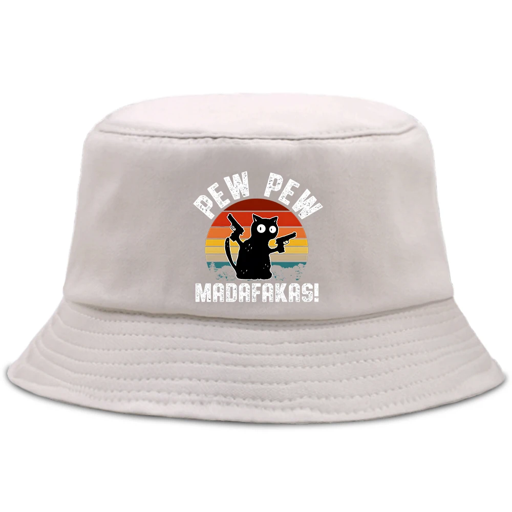 Pew Pew Madafakas Baby Black Cat With Two Guns Women Fisherman Hat Vintage Street Hip Hop Panama Cap Foldable Unisex Bucket Hats