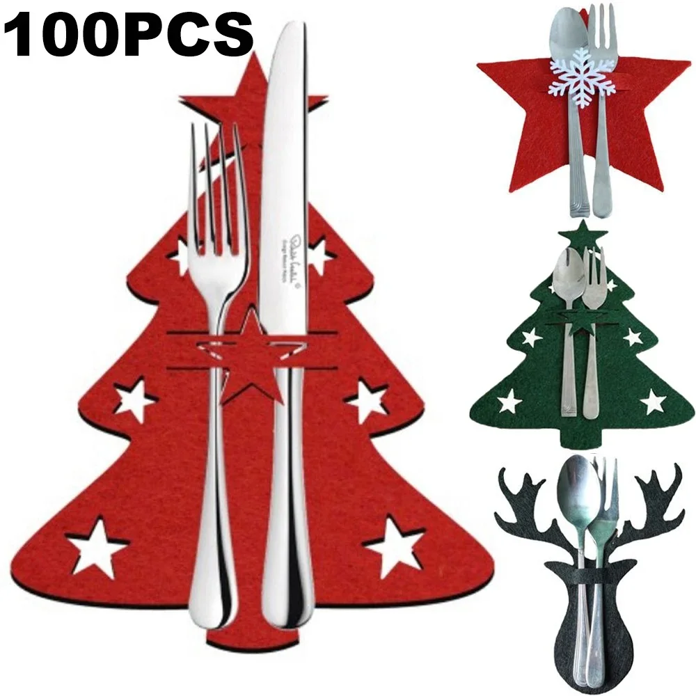 60Pcs Christmas Tree Cutlery Knife Fork Covers Table Decor Elk Xmas Tableware Pocket Holder Bags New Year Xmas Party Decorations