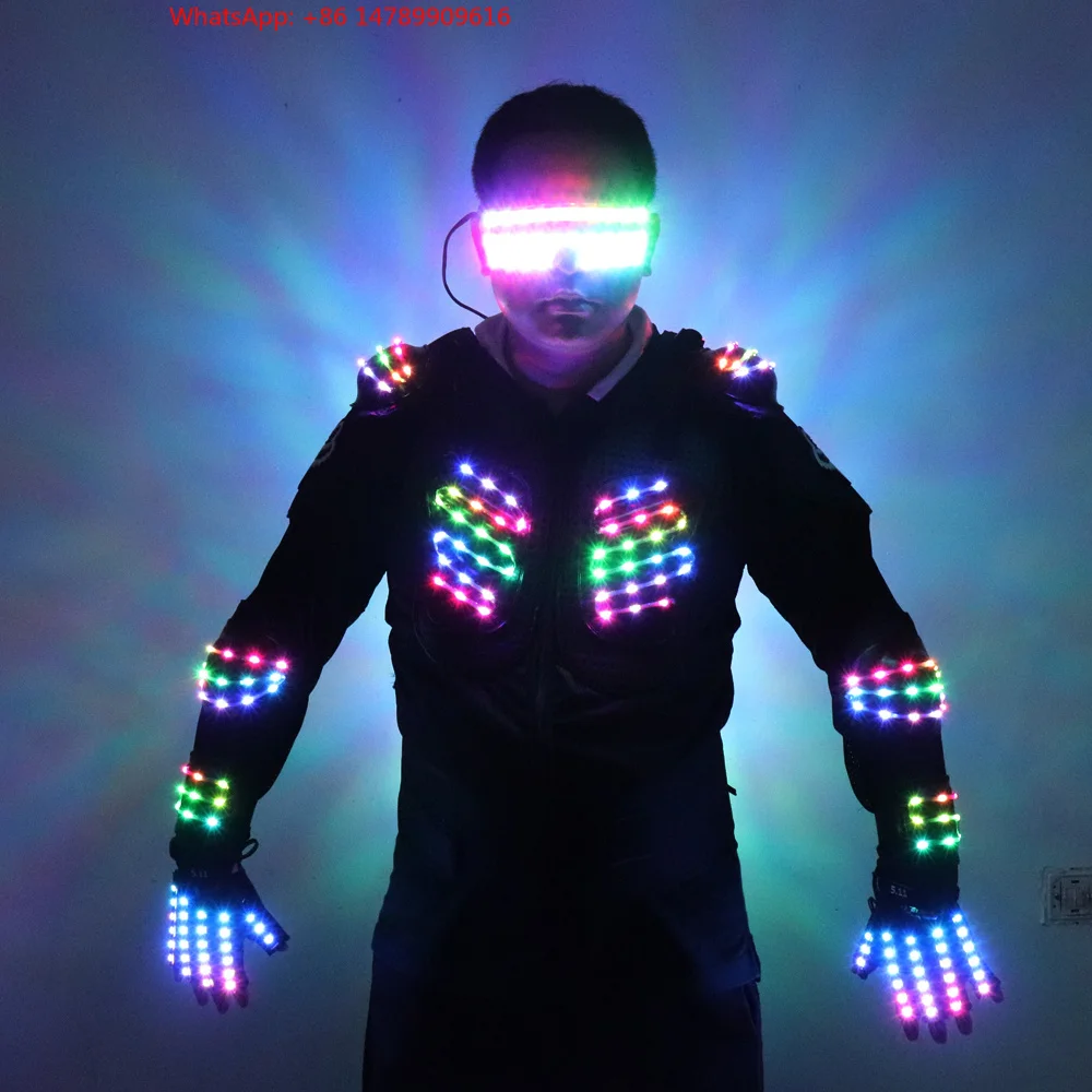 

LED Luminous Robot CostumeRGB Coloul Light Armor LED Costumes Glowing Peorce Wear For Men DJ Bar MC Robot Suit Ballroom Wear