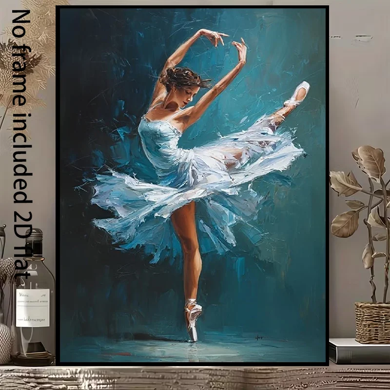 2D Flat, 2D Flat, A 2D Flat Canvas Painting Featuring an Elegant Ballet Dancer Against a Blue Background, Showcasing a Delica