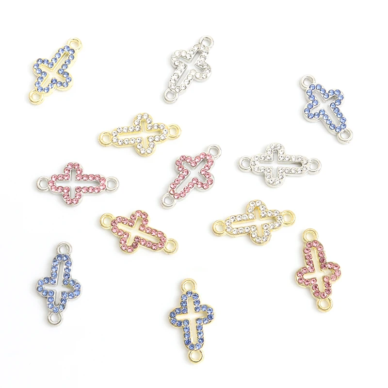 10pcs Hollow Cross Crystals Connectors Charms Jesus Crosses Metal Inlaid Rhinestones Pendant Catholic Christian Jewelry Findings