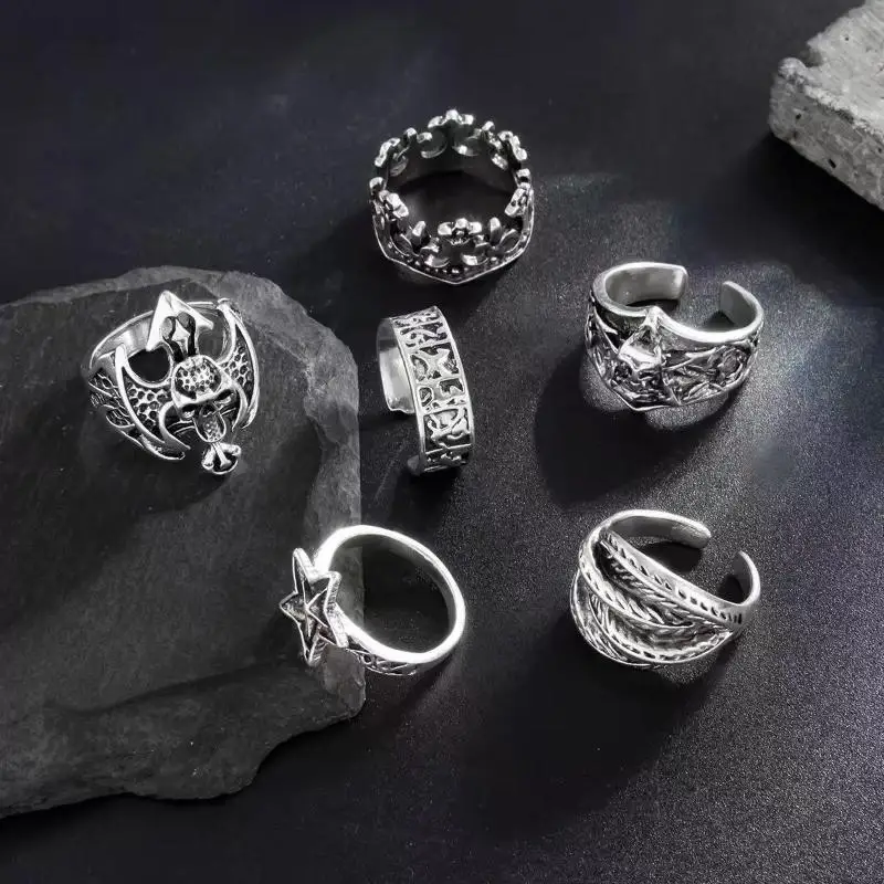 6 قطعة/المجموعة مجوهرات الهالوين القوطية المعادن الجمجمة رئيس خمس نقاط ستار قابل للتعديل الدائري للرجال خواتم فاسق هدية حفلة #3