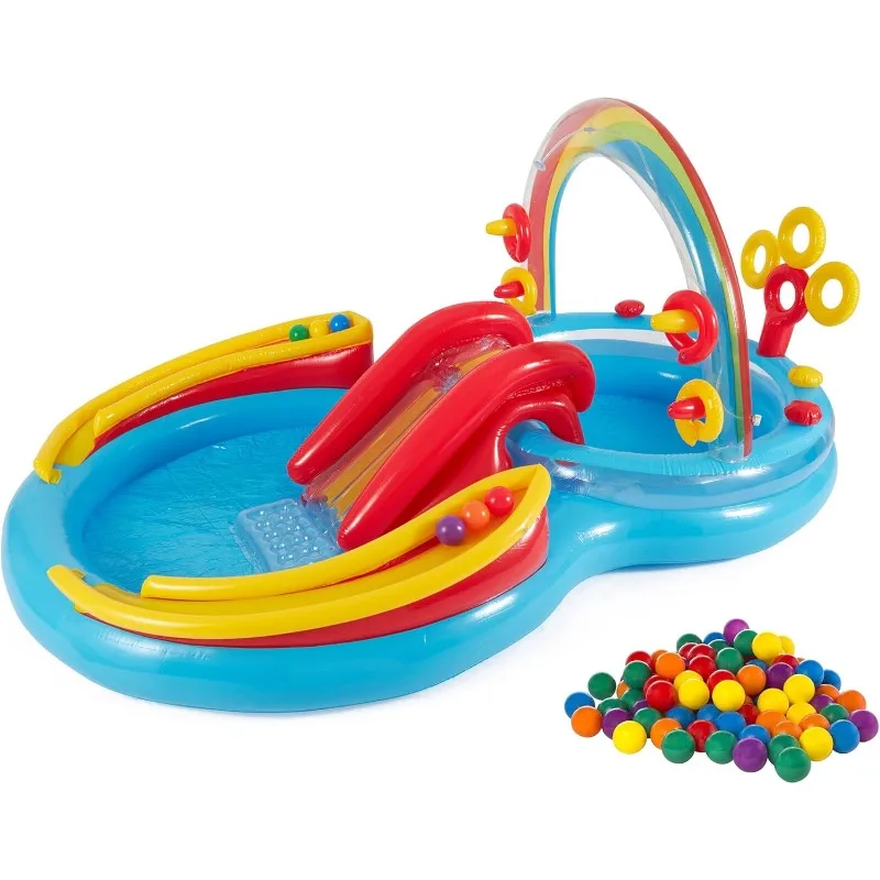 

9.75 x 6.3 Foot Rainbow Ring Inflatable Play Center Pool with Water Slide and Small Plastic Multi-Colored Fun Ballz for Ba