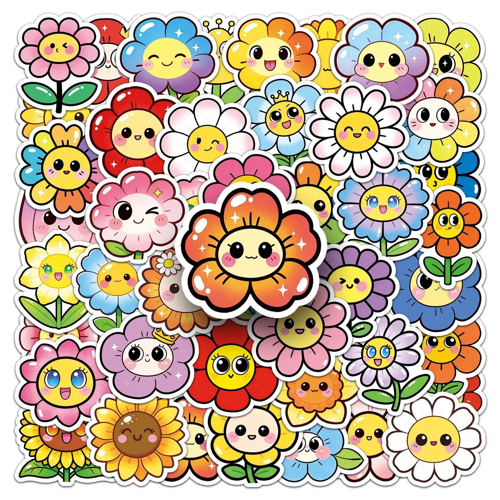 

50PCS Cute Flower Face Stickers Teacher Reward Flower Stickers Sunflower Tulip Decals for Classroom Incentives Student Praise