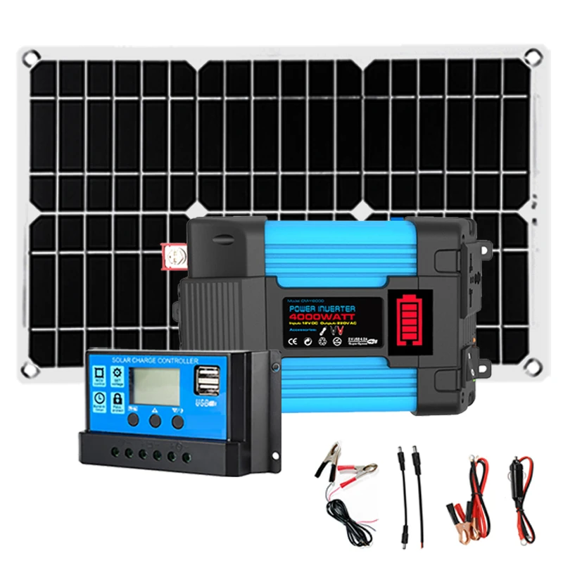 Paket sistem surya Inverter 6000W Panel 18W, pengisian daya luar ruangan Panel 110V/220V empat port USB 12V voltase Output 30A