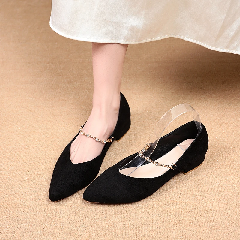 Spring Autumn Women Suede Pointed Toe Mary Jane Flats Shoes Crystal Chain Strap Non-Slip Casual Comfortable Shoes