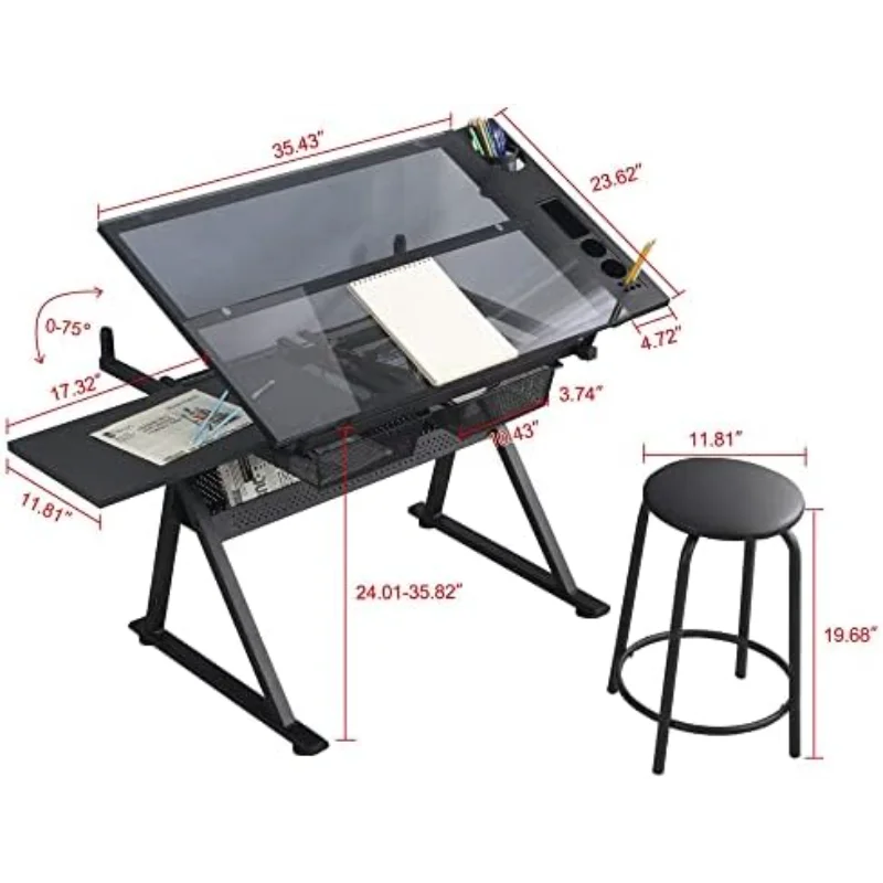 Height Adjustable Drafting Tables, Glass Drawing Art Table, Tilting Tabletop Paintings Work Station Artist Table Chair