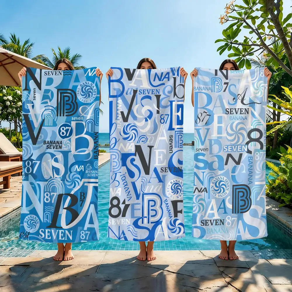 Ocean Blue Typographic Graffiti Collage Towel Beach Towel Quick Dry Absorbent Bath Towel For Swimming Camping Outdoor Sunbathing
