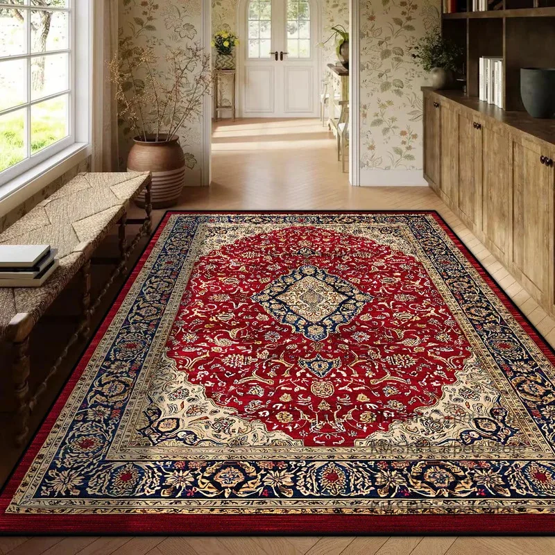 VIKAMA American Vintage Red Floral Rug, Anti-Slip and Shock-Absorbing Entrance Mat for Living Room and Bedroom, Home Decor