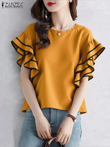 2025 ZANZEA blusa elegante para mujer, camisas con volantes de manga corta a la moda, cuello redondo, Tops coreanos holgados informales de verano, Túnica, Blusas de oficina