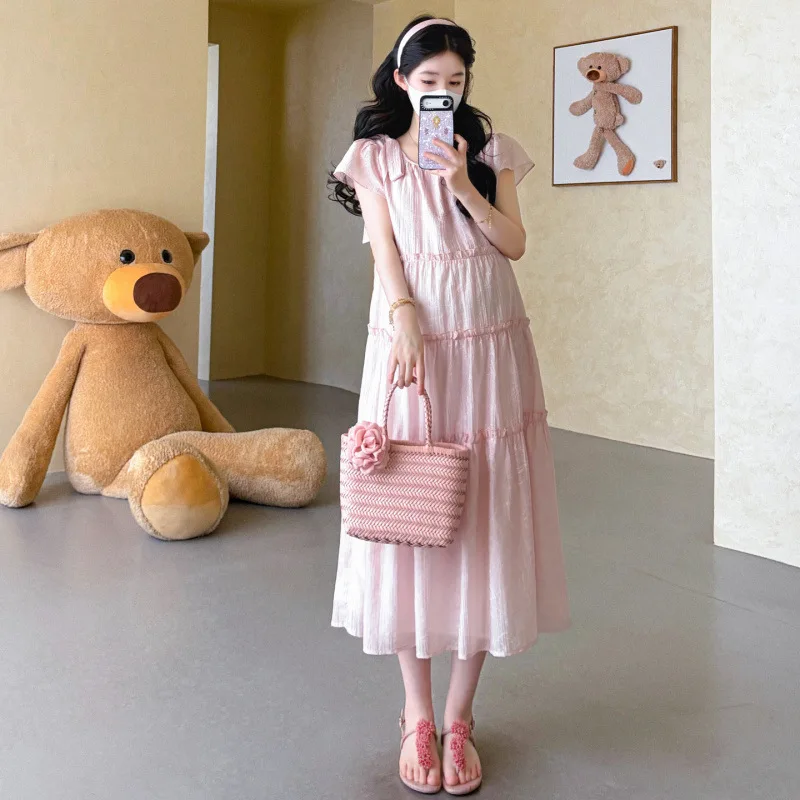

Maternity Dress Summer Pink Bow Sweet Short Sleeve A Line Maxi Dress for Pregnant Women 2026 Loose Comfortable