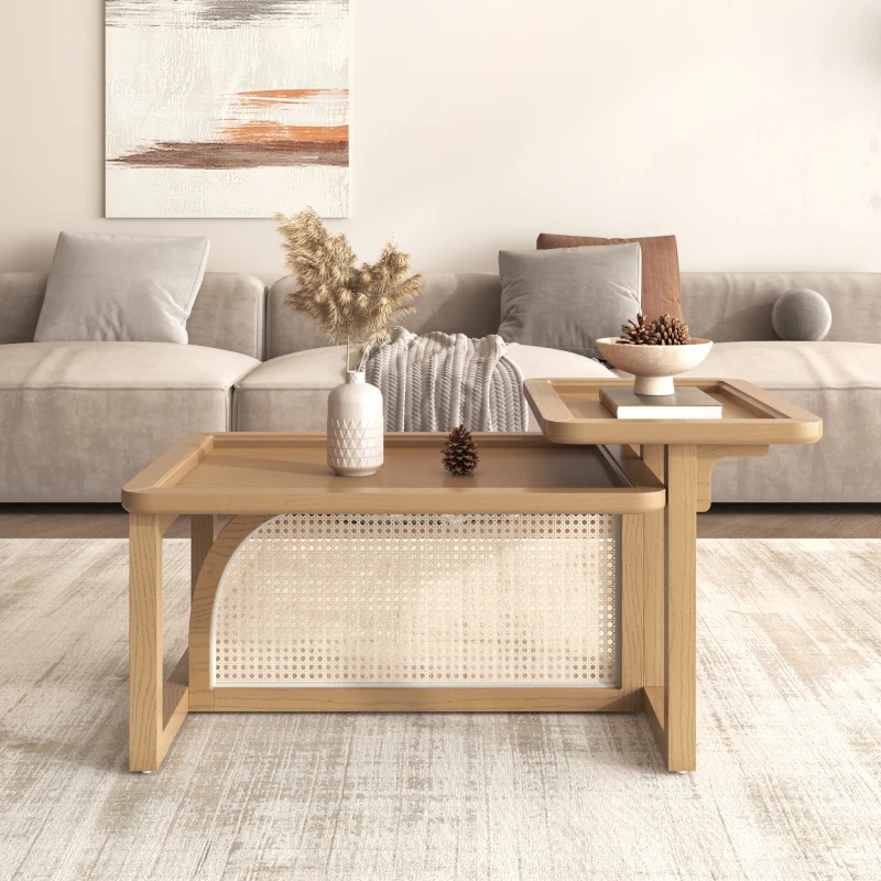 Modern 2 Piece Nesting Rattan Wood+ MDF Coffee Table Set In Natural Coffee Tables Living Room Furniture Side Tables
