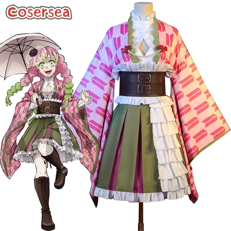 

Cosersea Kanroji Mitsuri Косплей Костюм Demon Slaye Kanroji Mitsuri 5-й годовщина Хэллоуин женское платье праздничный наряд полный комплект