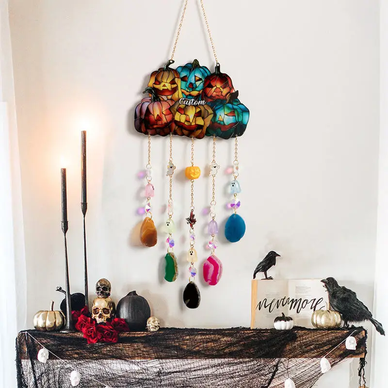 

Stained Acrylic Pumpkin Window Hanging Halloween Decoration Suncatcher Crystal Agate Pendant Funny Wind Chime for Outdoor Indoor