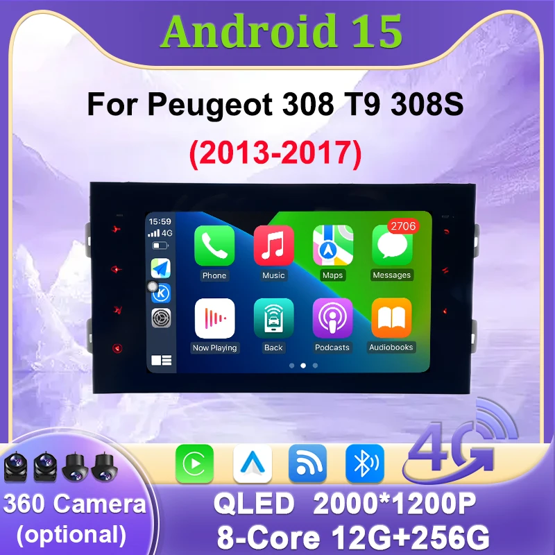Radio Estéreo para Auto Peugeot 308 T9 308S 2013-2017, GPS Multimedia, Carplay Inalámbrico, Android Auto, Unidad Principal con Pantalla Táctil, Estéreo BT