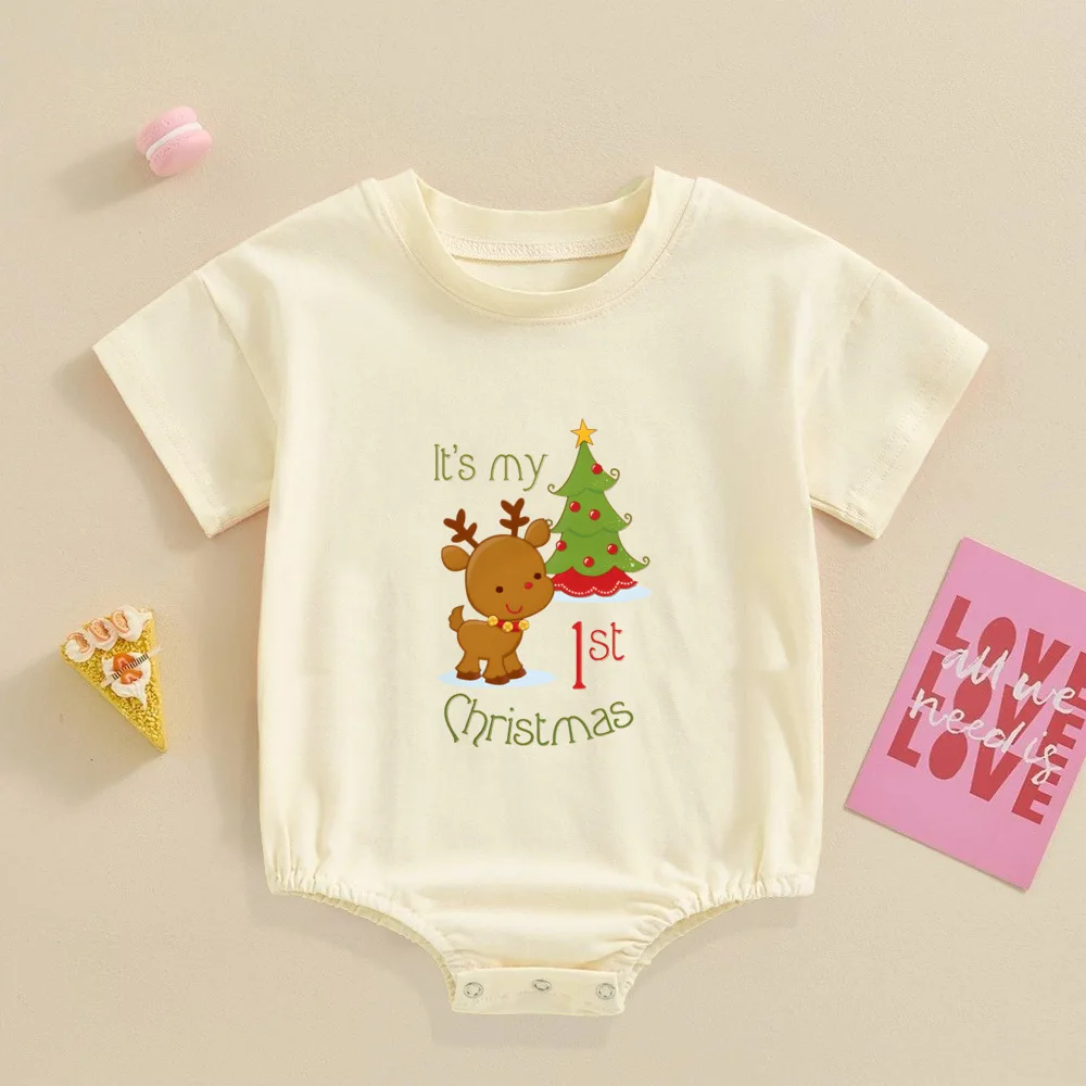 1st Christmas Print Baby Bubble Romper Casual Short Sleeve Oversize Bodysuit Fashion Baggy Bubble Romper Christmas Party Clothes