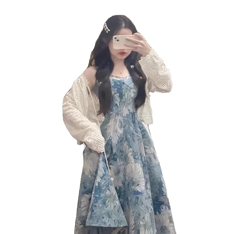 Ele Floral Print ter Dr Women's New Sle Two-Piece Set with Hollow out Sun Protection Cardigan Spring Summer Autumn