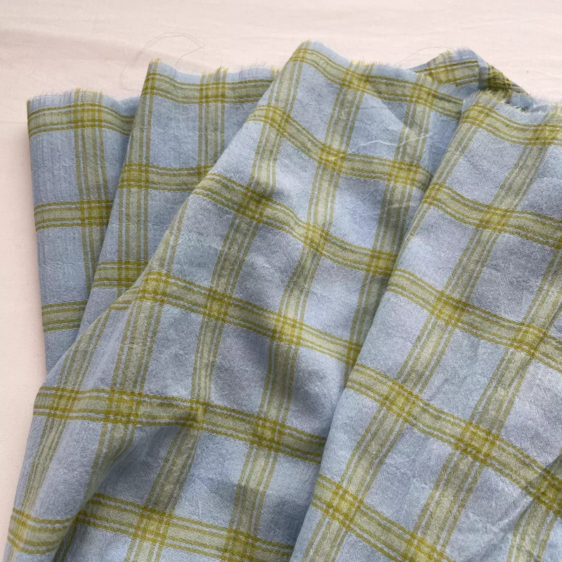 

Blue and green mixed color woven checkered wrinkled cotton fabric for shirt dress diy fabric