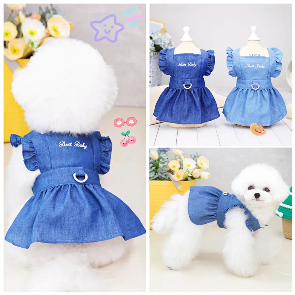 Vestido para perros de primavera y verano, ropa para perros pequeños y gatitos, vestidos con tirantes vaqueros bordados con letras para cachorros,