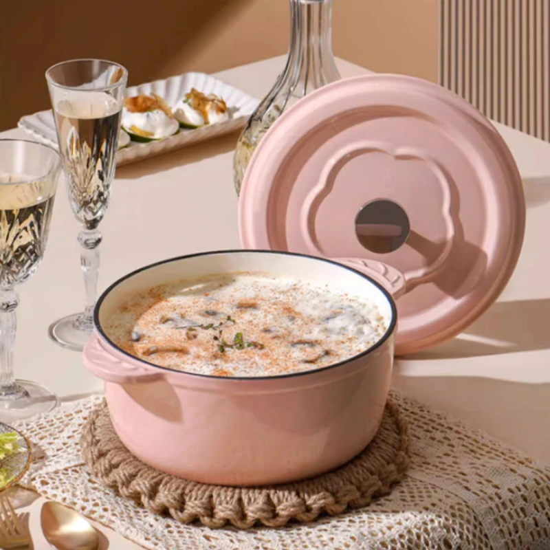 24cm Non-stick Enamel Soup Pot Cast Iron Pot Stew Pan with Lid Home Gas Stove Induction Cooker Cooking Pot Pink Kitchen Cookware