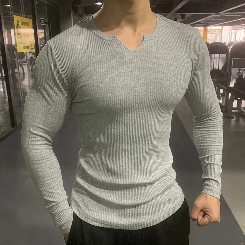 2024 Men\'s T-shirt sports long sleeved striped solid V-neck tight elastic running shirt.