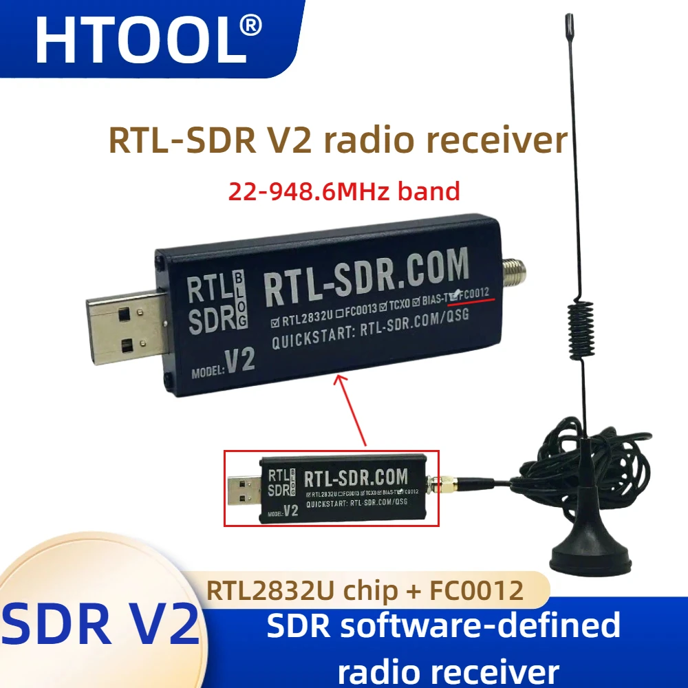 SDR Software-Defined Radio Receiver RTL-SDR V2 RTL2832U equipped with FC0012 tuner, 22-948.6MHz band SMA software-defined radio