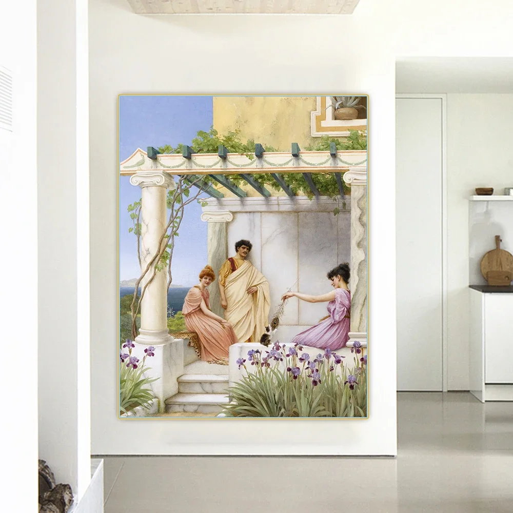 Citon John William Godward《Playtime》Canvas Art Oil Painting Artwork Poster Picture Wall Decor Home Living room Decoration