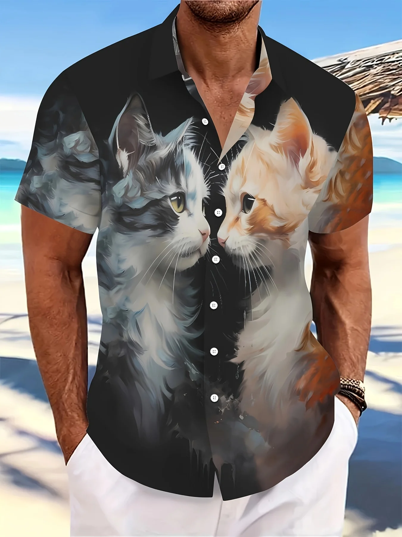 Camisa de lapela manga curta masculina com estampa para gato 3D, camisa casual de botões, roupa diária de verão e tops de resort