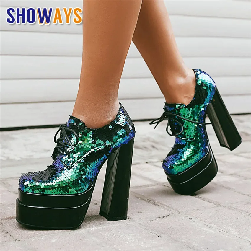 

Elegant Women Platform Pumps Green Red Gold Sequined Cloth Party Club Show Ladies British Lace-up Super High Chunky Heel Derbies