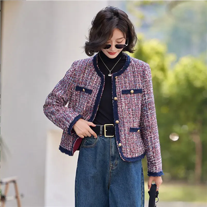 

Women's coarse tweed denim splicing contrasting color jacket 2025 new spring/autumn small fragrance style jacket