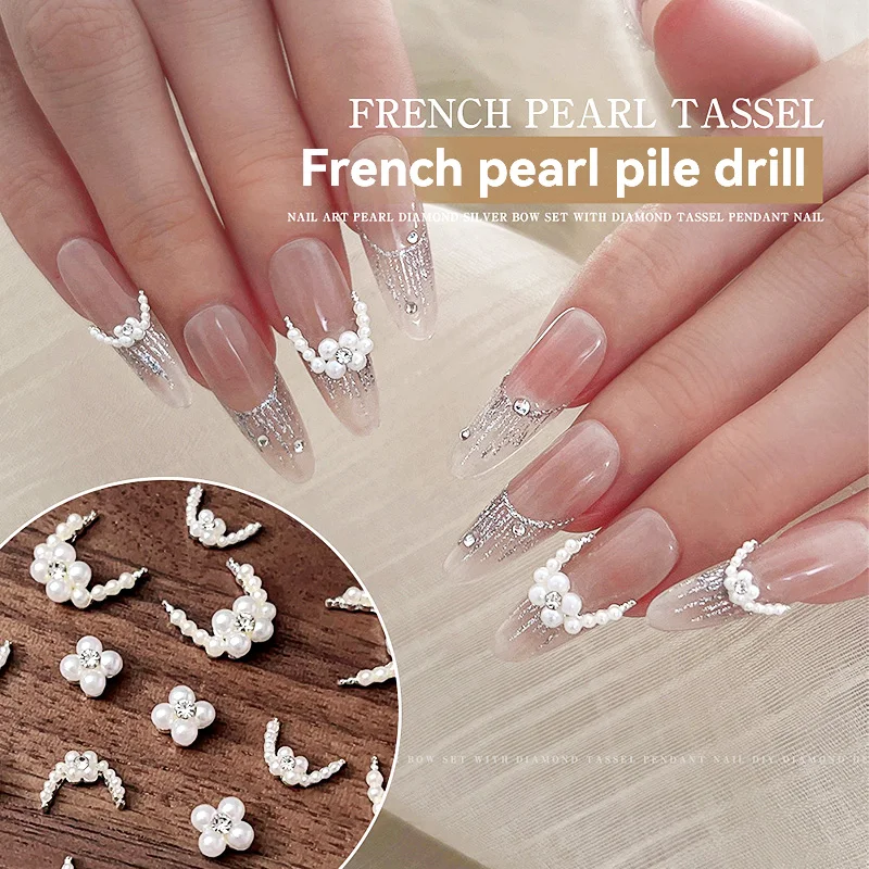 Conjunto de decorações para arte em unhas, 5 peças/10 peças, pérola, diamante, strass, adesivos, lua crescente francesa e design de flores, acessórios para arte em unhas