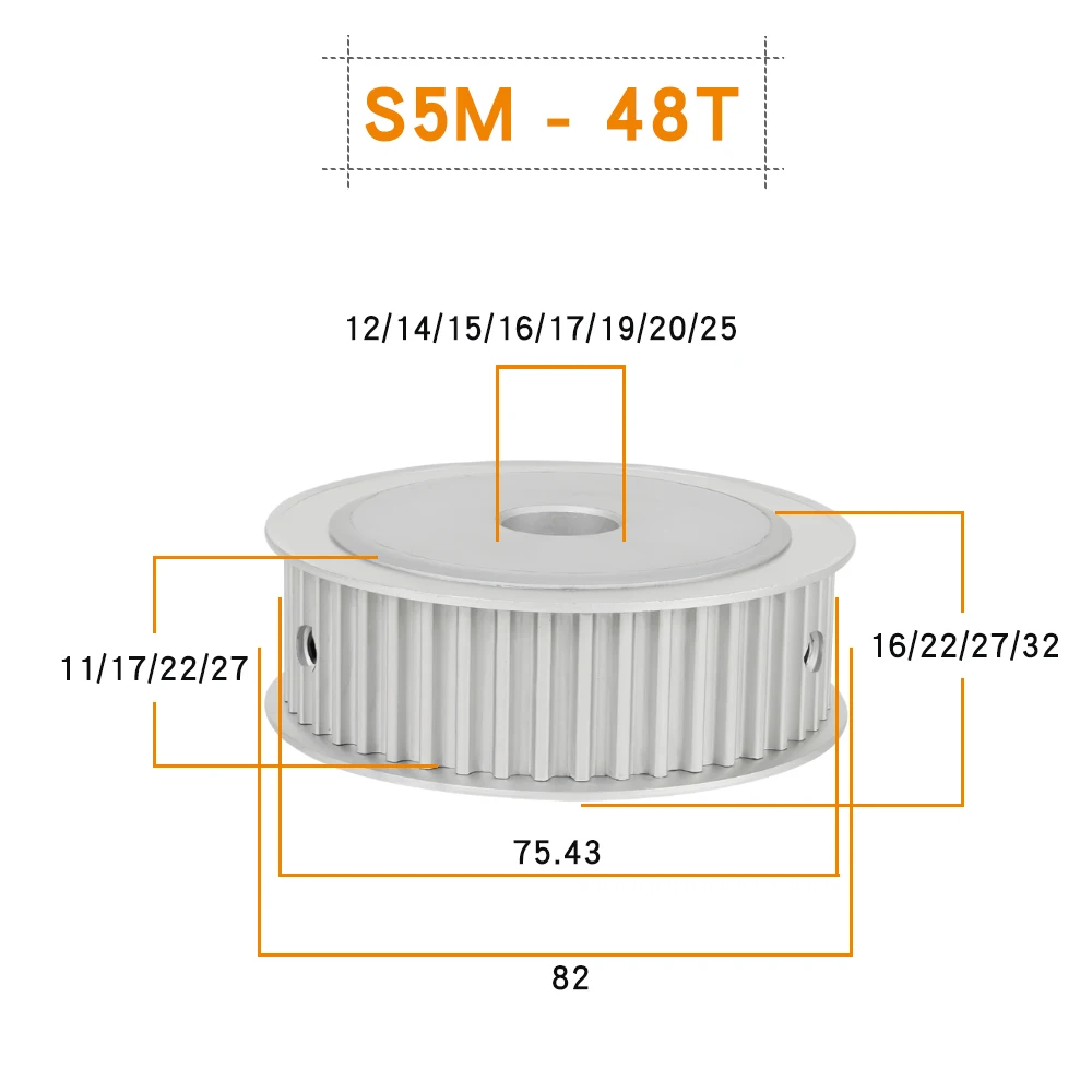 Alloy Pulley S5M Type 48Teeth 5mm Teeth Pitch Circular Tooth 11/17/22/27mm Width Timing Pulley Bore 12/14/15/16/17/19/20 mm