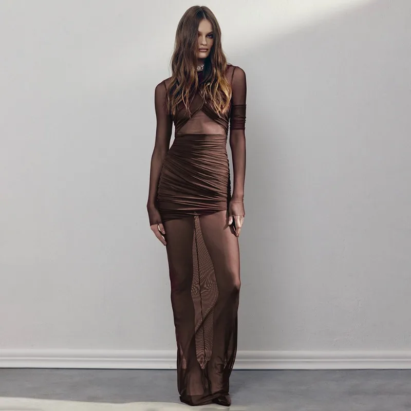 

2026 Spring Fashion New Long Dress Mesh Sexy Pleated Dress
