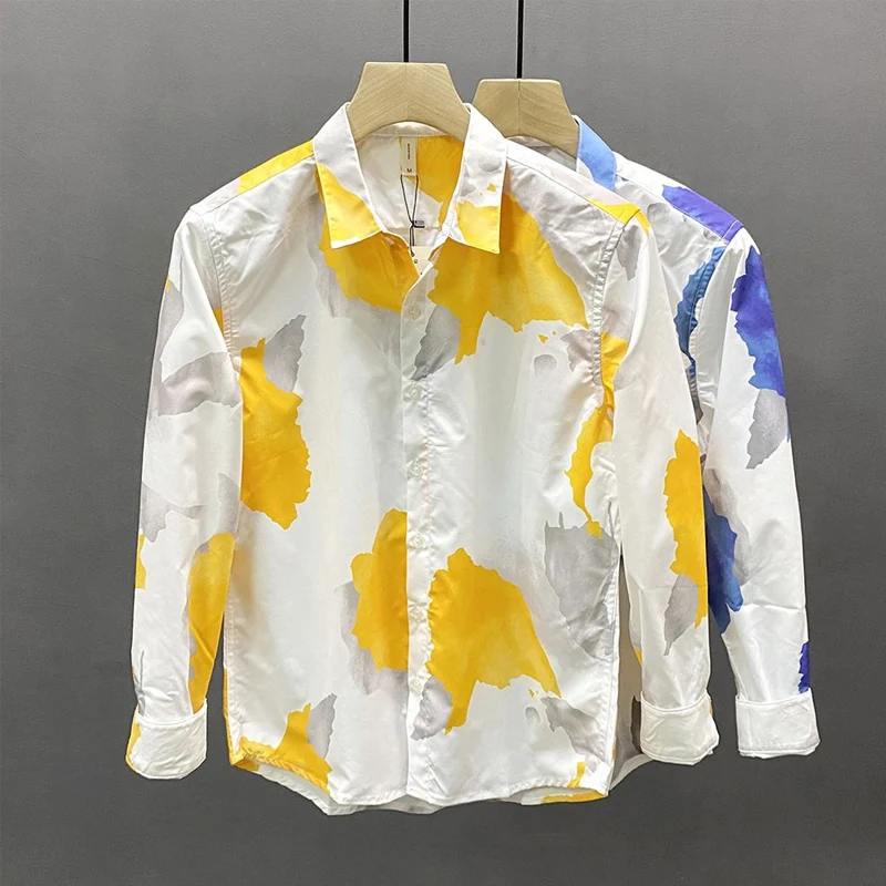 Camisa de manga larga con cuello vuelto para hombre, camisa de retazos con botones estampados, Tops de algodón puro de estilo coreano, primavera y otoño, nueva moda