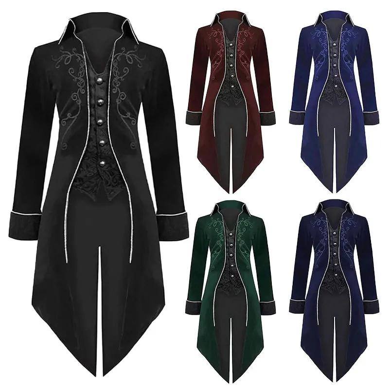 Embroidery Men\'s Jacket Medieval Cosplay Man Trench Coat Steampunk Gothic Tailcoat Victorian Clothes Carnival Halloween Costume