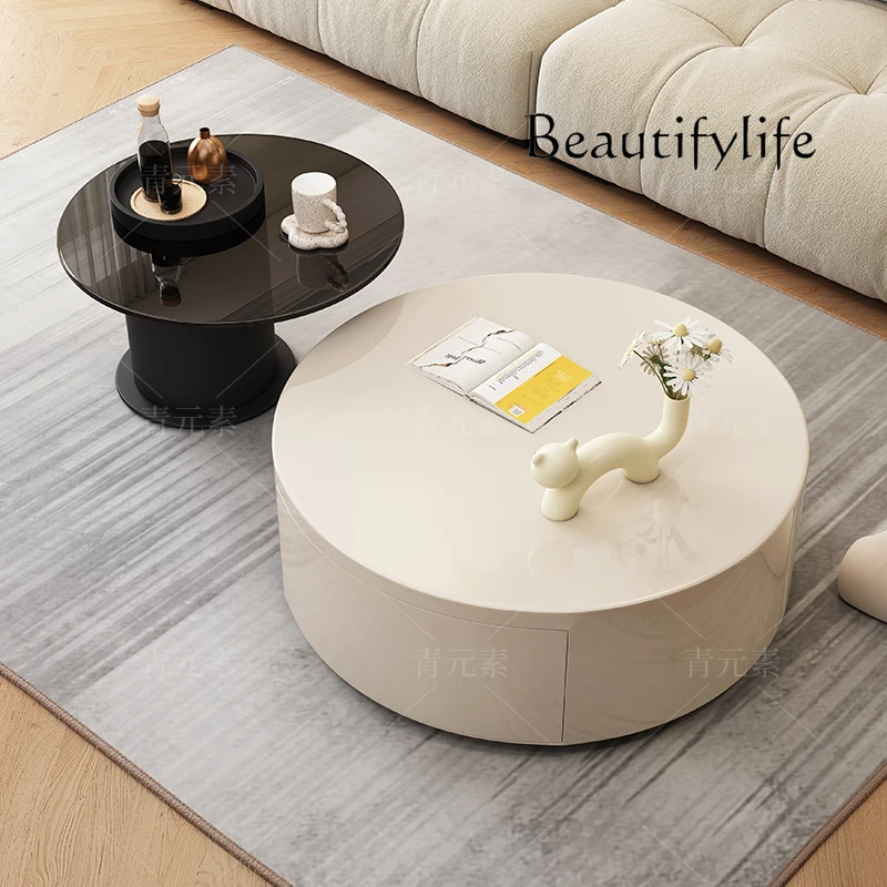 New rock slab coffee table light luxury modern simple round small apartment living room household solid wood telescopic