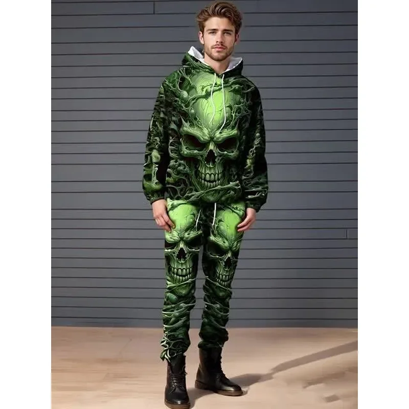 Dark Fluorescent Green Skull Hoodie 2 Piece Set Men Autumn Winter New Outdoor Streetwear Casual Sweatshirt Pants Tracksuit view 5