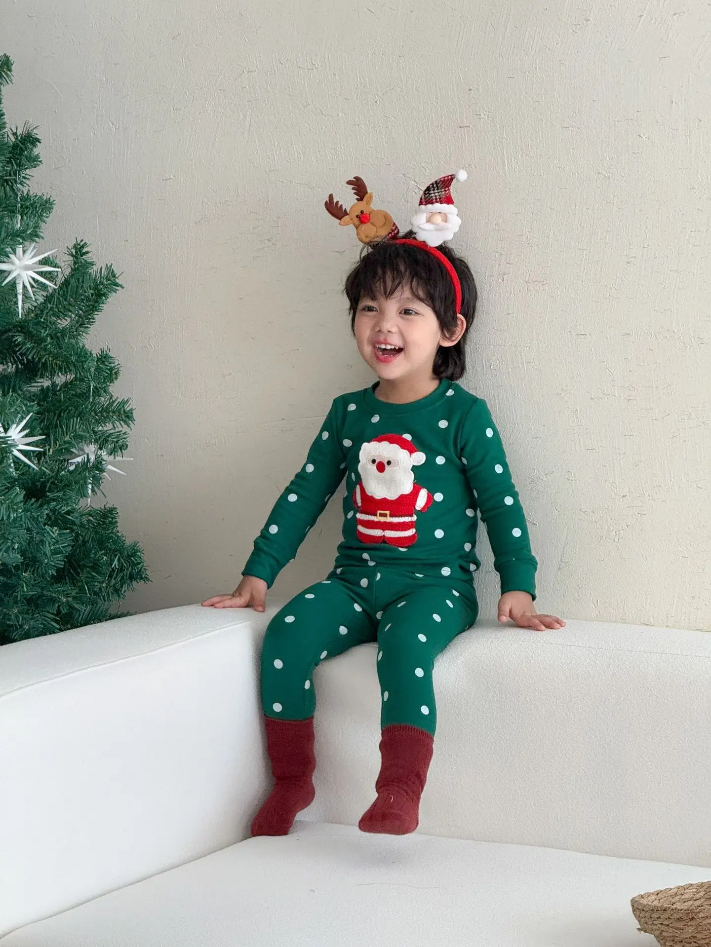 Autumn Children Christmas Warm Pajamas Set Boys Girls Cartoon Polka Dot 2pcs Suit Kids Long Sleeve Home Clothes Set 1-8 Years 6