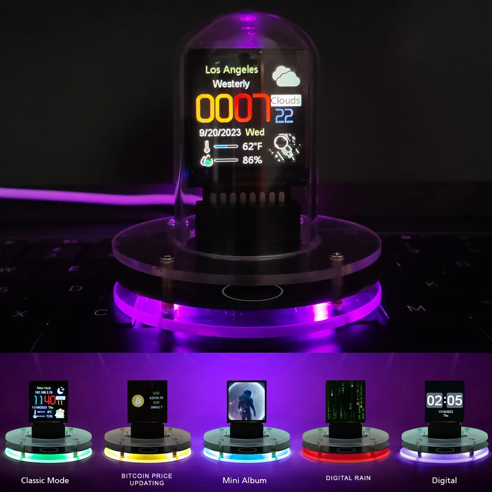 Bitcoin Price Tracker on Mini Size WIFI Weather Station Alarm Clock with Colorful RGB Lights. DIY Album and GIF Animations