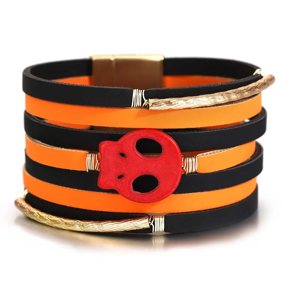 ALLYES Gothic Skull Two Tone Bracelet for Women Men Punk Rock Skeleton Multilayer Wrap Leather Bracelets Halloween Jewelry