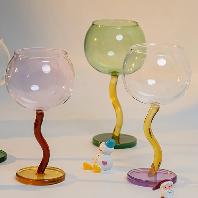 1 Piece Creative Colourful Round Wine Glasses Cup With Twisted Stem Glass Goblet Cups 300ml 10oz Glass