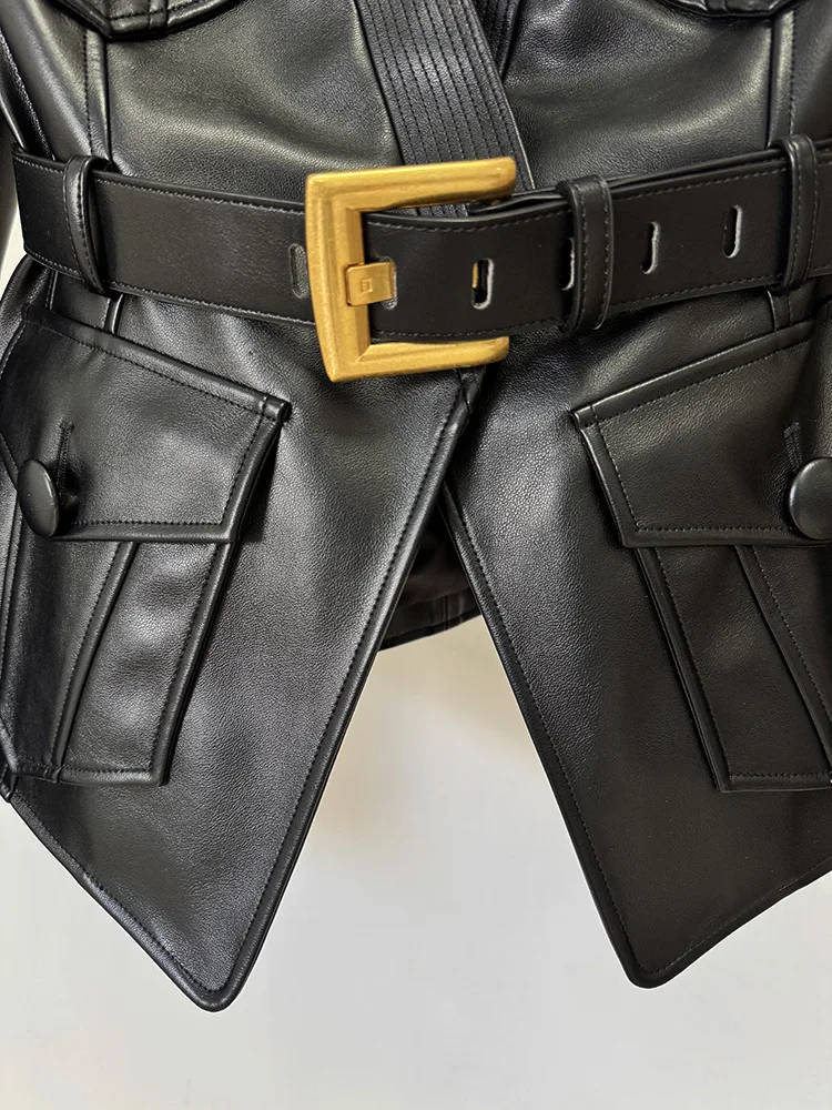 TOP QUALITY Newest 2025 Designer Jacket Women's Belt Slim Fitting Leather Button Pocket Decoration Artificial Leather Blazer