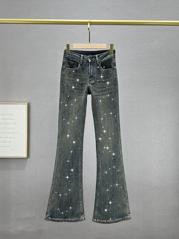 

Модные женские джинсы-клеш с высокой талией, эластичные, облегающие, длинные брюки из хлопкового стрейч-денима, микро-клеш с высокой талией